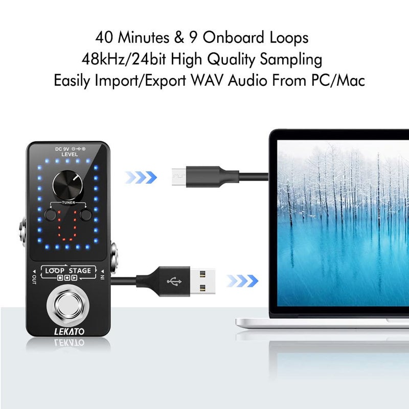 LEKATO Looper Guitar Pedal Guitar Loop Pedal Tuner Pedal 9 Loops 40 Minutes Record Time Unlimited Overdubs for Electric Guitar Bass (Black) - Image 4